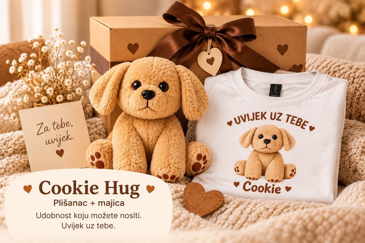 Cookie Hug — cookie plišanac · cookie majica · kartica s tvojom posvetom